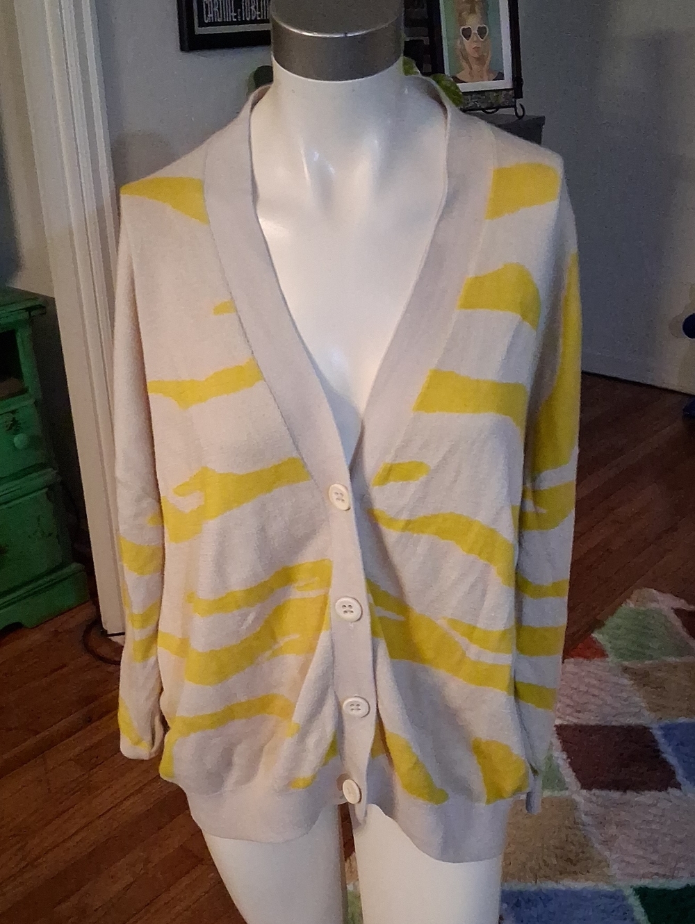 CAbi Beige and Yellow Abstract Stripe V‑Neck Cardigan